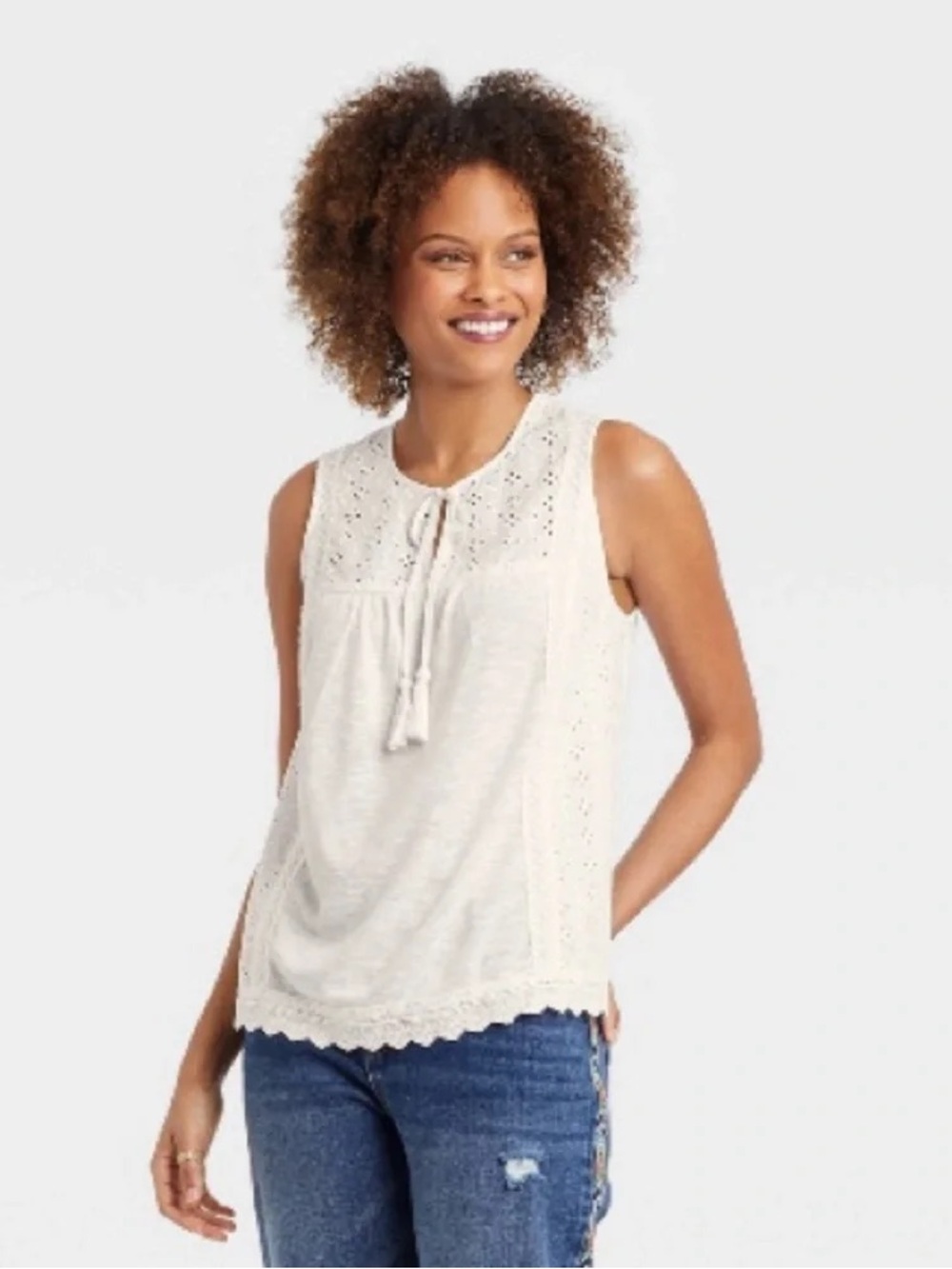 Knox Rose Cream Eyelet Tie-Neck Sleeveless Top Size L NWT